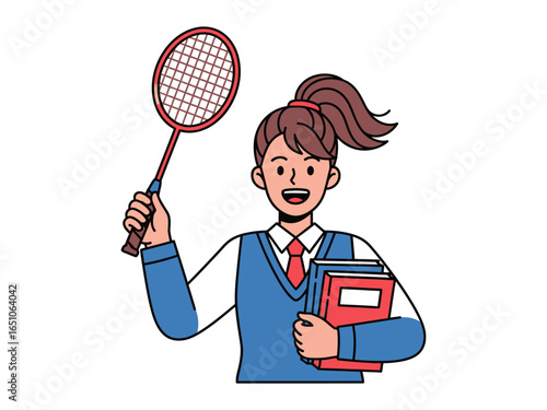 Sporty Scholar: A student in school attire, exuding energy and excitement, clutches a badminton racket aloft while clutching a stack of textbooks. a fusion of athletics and academics.