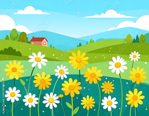 Colorful Wildflowers Bloom in a Vibrant Landscape With Rolling Hills and a Serene House in the Distance