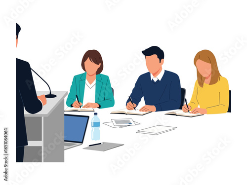 Expert Panel Discussion: A captivating vector illustration captures a formal setting where a panel of professionals engages in a focused discussion.
