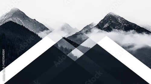 Abstract Monochrome Mountain Range with Geometric Overlay for Modern Design Aesthetics