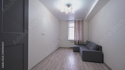 room with gray sofa, curtains, wooden floors, and a gray wardrobe