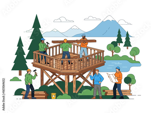 Constructing Dream Decks: A team of skilled workers diligently collaborates to construct a sturdy deck, set against a backdrop of majestic mountains and serene nature.