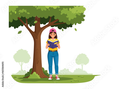 Reading Under the Shade: A young woman finds solace and inspiration in the pages of a book, seated beneath the nurturing canopy of a robust tree, in a beautifully rendered illustration.