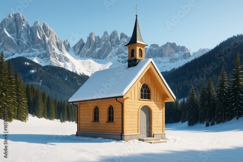 Wallpaper Mural Wooden chapel in snowy alpine landscape with dramatic mountain background under clear sky, surrounded by pine forest and soft light. Ai generative Torontodigital.ca