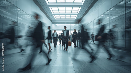 Blurred crowd of business people walking in a modern architectural office space