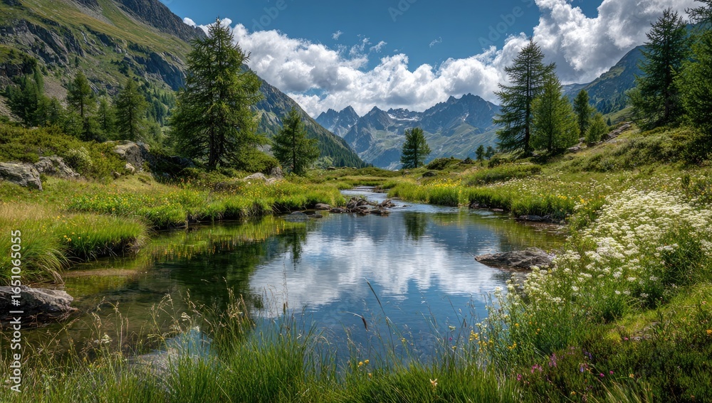 Fototapeta premium Alpine meadow reflecting a vibrant sky