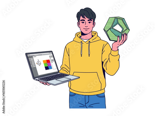 Designer with Geometric Innovation: A creative designer brings a vision to life, using digital tools to craft a 3D design, representing innovation and the artistic process.