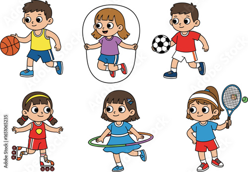 Joyful children engaging in various sports activities promoting fitness, teamwork, fun, and healthy lifestyle in colorful cartoon style vector illustration