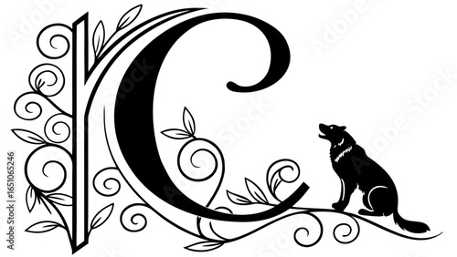 Letter c with floral ornaments and a howling wolf silhouette on a white background design element