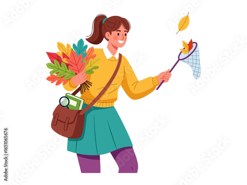 Autumnal Hunt: A young, smiling individual joyfully gathers colorful leaves, encapsulating the spirit of the fall season. They clutch vibrant foliage in one arm and a leaf net in the other.