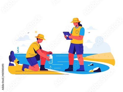 Environmental Inspectors at work: A captivating illustration showcases two environmental inspectors diligently assessing water quality near the ocean. Through meticulous analysis and documentation.