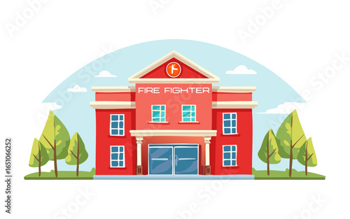 Fire Station Building Illustration of a Red Fire Station with Firefighter Sign, Trees, and Sky