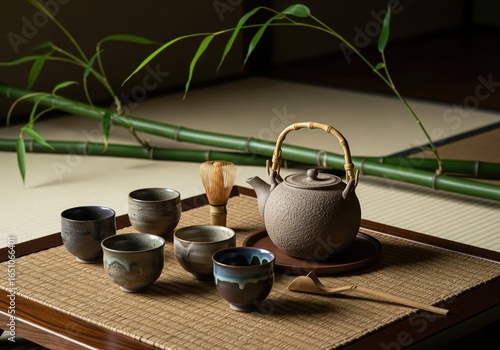 Chinese tea set with teapot and cups on table