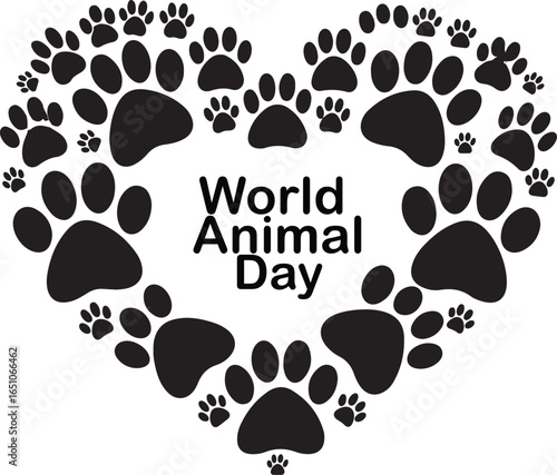World Animal Day celebration graphic with a heart made of various black paw prints on white.