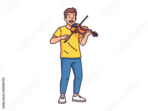 Musical Melody: Capturing the Joy of Violin Performance. A cartoon illustration of a person absorbed in the art of violin playing, resonating with passion and musical expression.