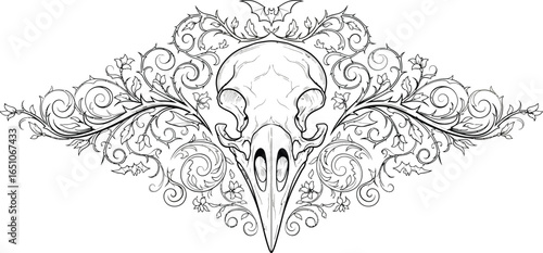 Elegant raven skull with ornate floral design for tattoo or gothic artwork