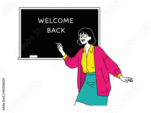 Welcome Back Message from Teacher: A teacher stands before a chalkboard with the message Welcome Back, her expression conveys excitement.