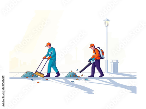 Street Cleaning Workers: Two sanitation workers diligently clean a vibrant street using a broom and leaf blower, creating a tidy and refreshed urban landscape.