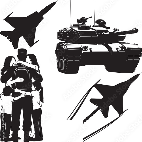 Military vehicles and soldier family reunion silhouette
