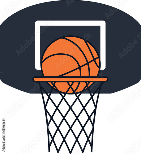Basketball hoop net and ball slam dunk concept