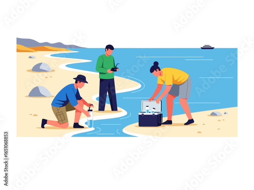 Researchers by the Shoreline: A dedicated team of researchers is depicted diligently working on the shoreline, gathering samples for comprehensive analysis.