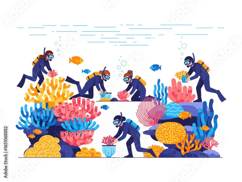 Marine Conservation: Divers in a vibrant illustration are meticulously planting coral, symbolizing dedication to marine conservation and ecosystem restoration.