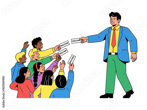 Distributing cards for a new opportunity: In a vibrant scene, a figure distributes cards to a diverse group of individuals, signaling a new opportunity and fostering anticipation and engagement. 