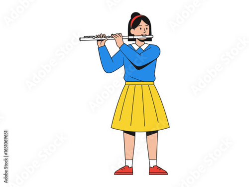 Melodious Musician: A young girl, bathed in a palette of bright colors, focuses on creating beautiful music with her instrument.