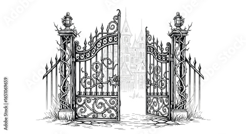 Ornate iron gates leading to spooky mansion with gothic architecture