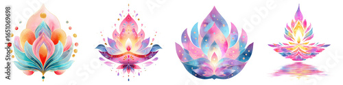 Minimalist diwali design watercolor, A vibrant collection of artistic lotus flowers, showcasing intricate designs and a blend of colors including pink, blue, and orange.