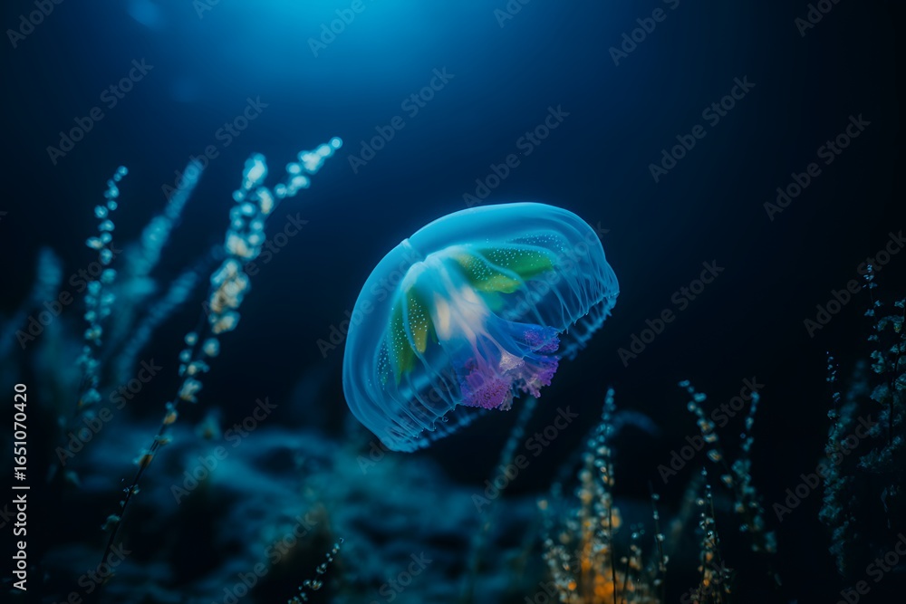 Obraz premium Bioluminescent jellyfish gracefully drifts through dark ocean waters surrounded by aquatic plants