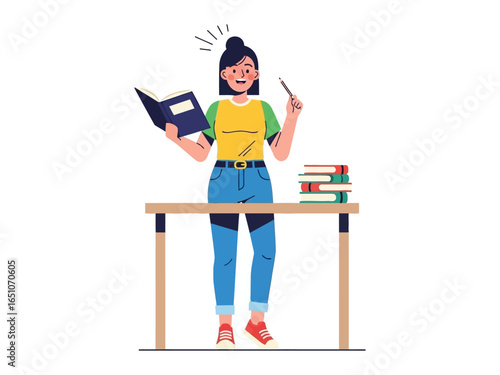 Curious Scholar Amidst Books: An excited woman stands behind a desk filled with books, holding a pen as her mind works on the book, expressing a feeling of wonder and fascination in education.