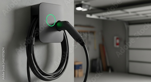 A modern electric vehicle charging station mounted on a garage wall with a green light indicating it is ready to use.