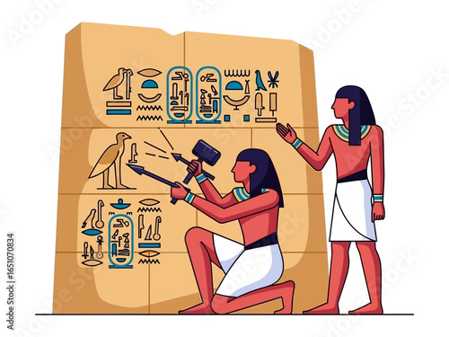 Ancient Egyptian Stonecutters: A vibrant illustration captures two skilled stonecutters meticulously crafting hieroglyphs on a weathered sandstone monument.