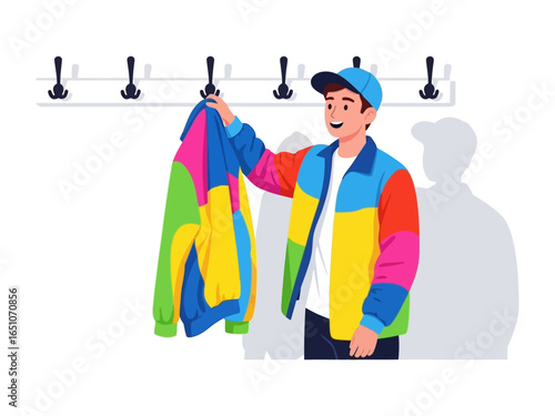 Taking Coat From Wall Hook: A friendly individual grabs a colorful coat from a wall hook, adding vibrant life to any design or project. Capturing the joy and ease of life!