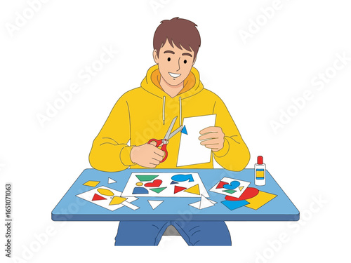 Creative Crafting: A young person meticulously cuts paper shapes with scissors on a work table, surrounded by colorful elements of a crafting project, showcasing focus and joy.
