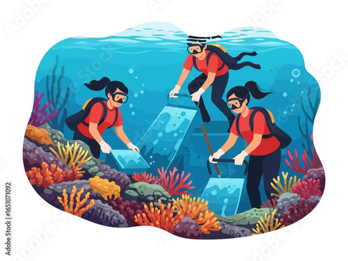 Underwater Conservation: Three divers diligently work together, placing and arranging coral blocks underwater, highlighting the dedication of marine conservation efforts.