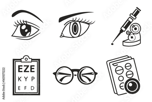 Collection of optometry and ophthalmology icons isolated on white background