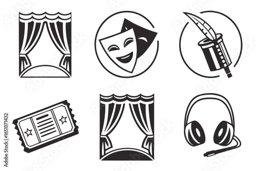 Collection of theater and entertainment icons isolated on white background