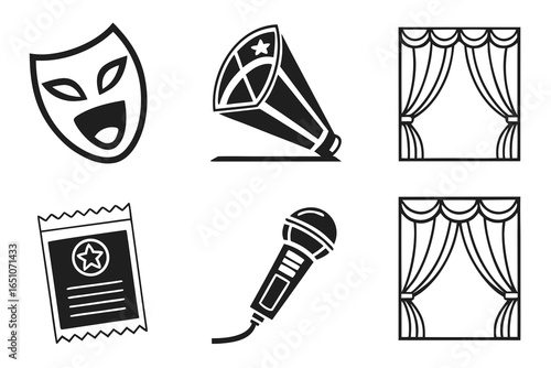 Collection of theater and performance icons isolated on white background