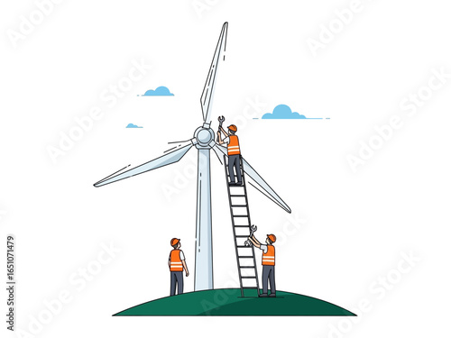 Renewable Energy Assembly: Illustration capturing technicians collaborating to assemble and maintain a wind turbine on a sunny day, promoting clean energy solutions.