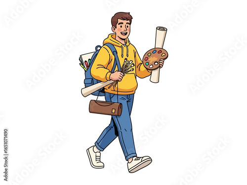 Принти на полотні Artistic Endeavor: A cheerful young artist embarks on a creative journey, carrying his tools and ready to transform the world with his imagination