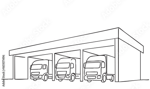 Sketch garage for trucks. Courier cargo delivering vehicle transportation concept. Single continuous line draw design