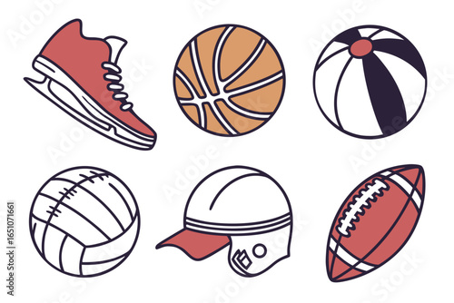 Collection of sports balls and equipment isolated on white background