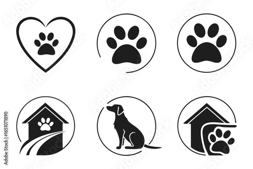 Collection of dog and cat paw print logos and icons isolated on white background