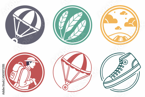 Set of adventure and travel icons with parachute and hiker