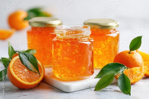 Food shot of marmalade in glass jars with orange slices and leaves on a white marble board, against a white kitchen background. Orange marmalade in glass jar. Preserving of homemade fresh fruits jam.
