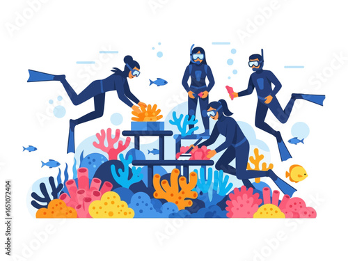 Ocean Explorers: Illustrative rendering showcasing diverse scuba divers meticulously studying and interacting with a vibrant coral reef ecosystem.