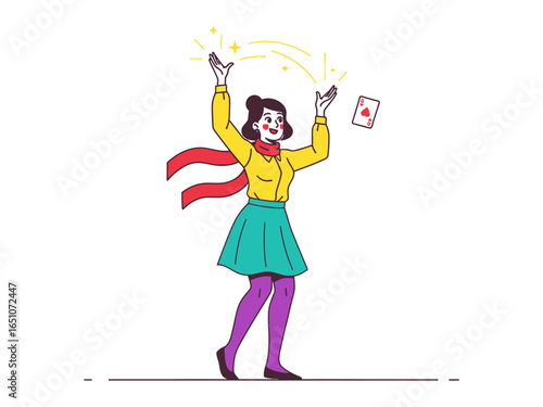 Enchanting Magician: A vibrant depiction of a female magician, filled with a sense of wonder and mystery, performing a captivating trick with a playing card, creating a magical spectacle.