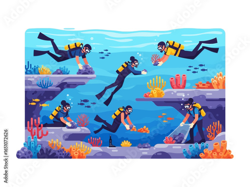 Ocean Exploration: A vibrant illustration captures scuba divers exploring a colorful coral reef ecosystem, meticulously observing the underwater world and promoting marine conservation.